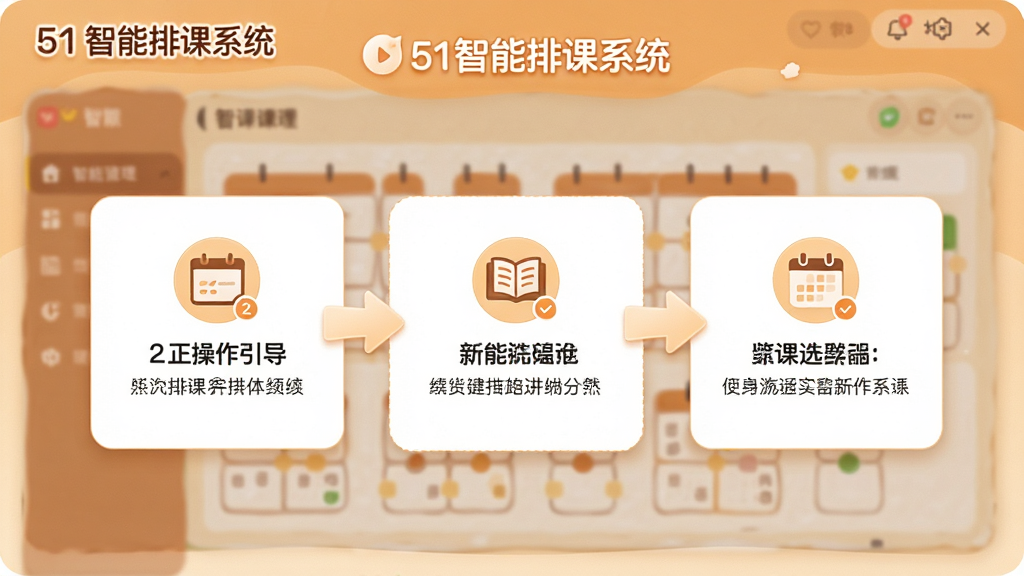 一幅展示51智能排课系统新手操作引导界面的图片,画面中有分步骤的操作提示浮层,每一步配有图标和简短文字说明,整体风格为友好的新手引导设计,色调温暖,画面中有