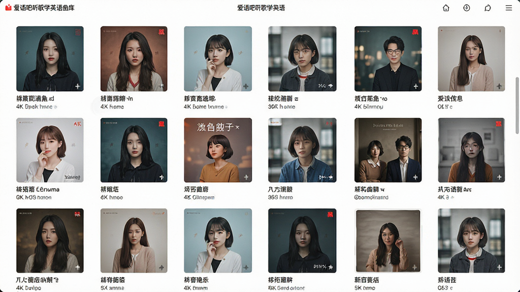 一张展示爱语吧听歌学英语曲库界面的图片,主体为软件界面截图,屏幕上显示着整齐排列的专辑封面和歌曲名称,布局为网格状排列,风格为清新扁平化设计,细节上每个专辑封面下方有中英文歌曲名,背景为纯白色,画质为4K高清,画面干净整洁,无多余元素。