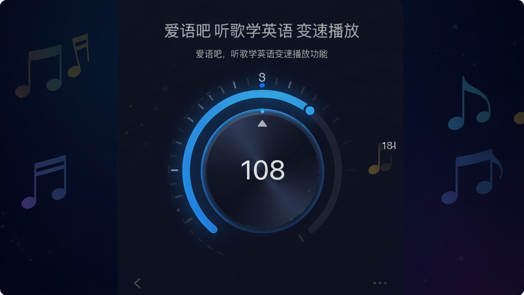 一张展示爱语吧听歌学英语变速播放功能的图片,主体为软件播放控制界面,屏幕上显示着圆形速度调节旋钮和倍速数值,布局为居中排版,风格为科技感UI设计,细节上旋钮带有蓝色光效,背景为深色渐变,画质为4K高清,画面干净整洁,无多余元素。