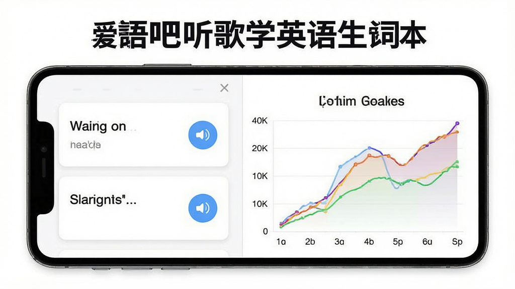 一张展示爱语吧听歌学英语生词本功能的图片,主体为软件生词复习界面,屏幕上显示着单词卡片和记忆曲线图表,布局为左右分栏,风格为高效学习工具风格,细节上单词卡片有发音按钮,图表为彩色折线,背景为白色,画质为4K高清,画面干净整洁,无多余元素。