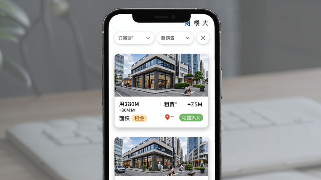 软件商铺信息页面展示,主体为手机屏幕,屏幕上呈现商铺列表,布局为顶部筛选栏,中部为商铺卡片,卡片内包含商铺照片、面积、租金与位置标签,排版清晰有序,风格商务简洁,细节包括卡片阴影与图标设计,画面中出现“楼大大”字样,画质高清,干净无多余元素