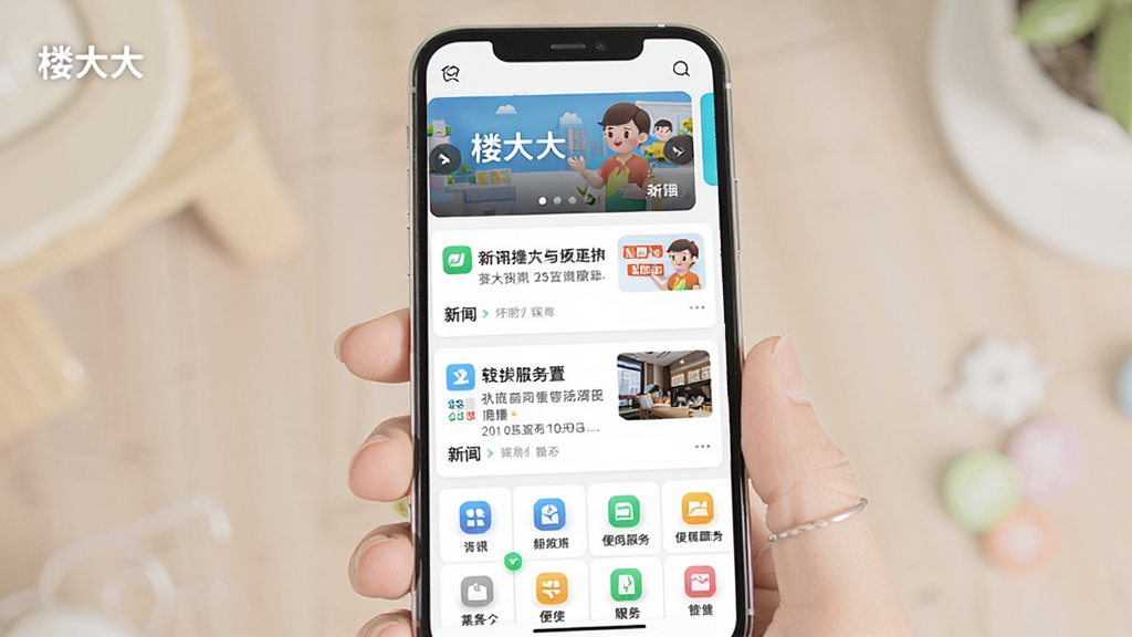软件资讯与生活服务页面展示,主体为手机屏幕,屏幕上呈现资讯列表与便民服务图标,布局为顶部轮播图,中部为新闻卡片,底部为服务入口宫格,排版层次分明,风格清新浅色,细节包括图标配色与文字层级,画面中包含“楼大大”标识,画质高清,干净整洁,无多余元素