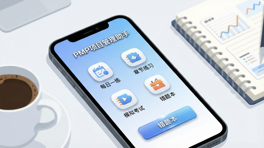 一张手机屏幕展示PMP项目管理助手应用主界面,界面上方显示