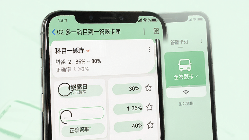 多多驾到全科目题库界面展示图,画面主体为手机屏幕内显示科目一题库列表,题目文字清晰,选项按钮排列整齐,右侧有答题卡入口,背景为白色与浅绿色搭配,风格教育类应用界面,细节包括题目编号、正确率百分比、收藏图标,画质高清干净无多余元素