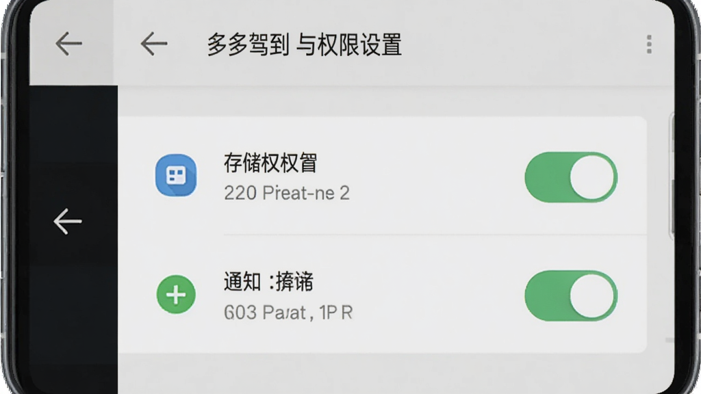 多多驾到安卓手机安装与权限设置示意图,画面展示一部安卓手机屏幕,界面停留在应用权限管理页面,存储权限与通知权限开关处于开启状态,背景为系统设置界面浅灰色调,风格操作指引图,细节包括权限图标、开关按钮、返回箭头,画质高清干净无多余元素