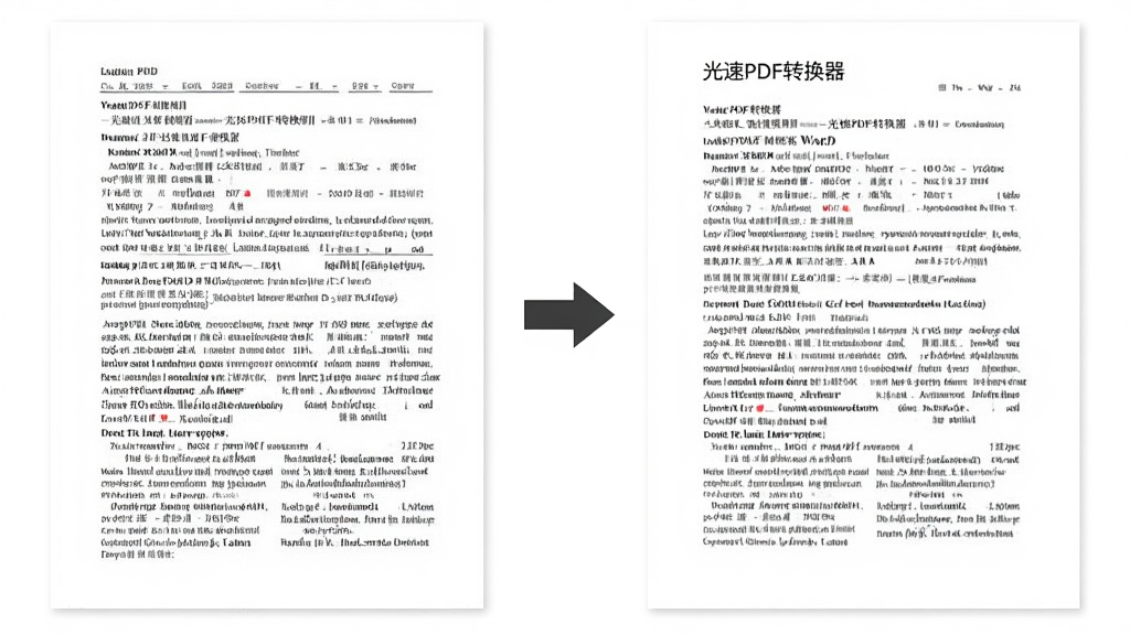 一张对比效果图,左侧显示一份排版复杂的PDF文档,右侧显示经过