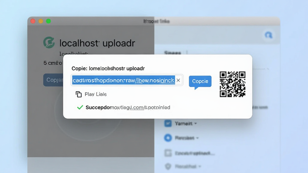 一张展示 localhostr uploadr 生成分享链接的图片,画面中软件界面弹出链接复制窗口,链接文字高亮显示,旁边有复制按钮和二维码图标,背景为淡蓝色渐变,布局为左右分栏,风格为简洁UI展示,细节包括链接文本、复制图标和成功提示,画质高清,干净,无多余元素