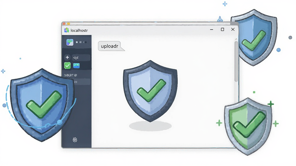 一张展示 localhostr uploadr 轻量无广告特点的图片,画面中软件主界面干净整洁,没有广告横幅和弹窗,周围有盾牌图标象征安全,背景为白色,布局为居中展示,风格为极简插画,细节包括软件窗口、盾牌和绿色对勾,画质高清,干净,无多余元素