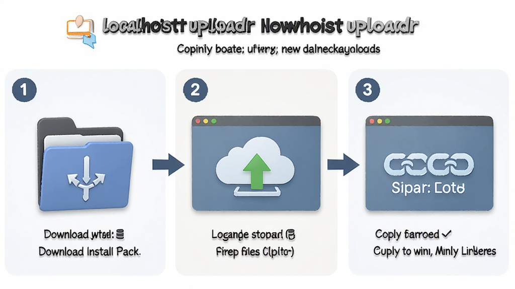 一张展示 localhostr uploadr 新手操作步骤的图片,画面分为三个区域,左侧是下载安装包,中间是拖拽文件上传,右侧是复制分享链接,每个区域有数字序号和箭头引导,背景为浅色,布局为横向流程图,风格为信息图,细节包括文件夹、上传箭头和链接图标,画质高清,干净,无多余元素