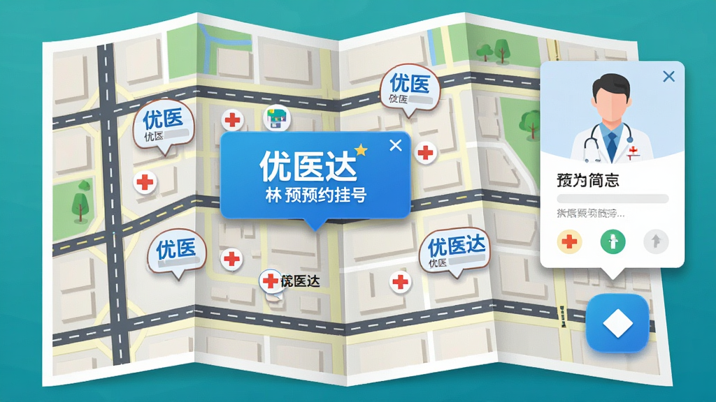 主体为一张展开的城市医疗地图,地图上标注多家医院位置并显示“优医达”预约挂号浮窗,旁边有医生简介卡片和导航箭头;布局采用俯瞰地图视角;风格为现代信息图表插画;细节上地图道路清晰,图标色彩鲜明,浮窗有轻微投影;画质高清,干净,无多余元素