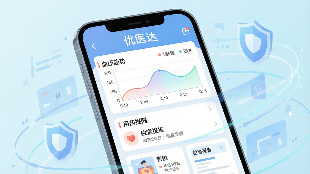 主体为一部智能手机屏幕特写,屏幕上展示“优医达”电子健康档案页面,包含血压趋势图、用药提醒列表和检查报告缩略图;布局采用居中特写构图,手机周围环绕半透明的数据线条与盾牌安全图标;风格为科技感扁平插画;细节上图表色彩柔和,图标简洁;画质高清,干净,无多余元素