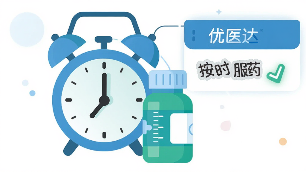 主体为一个简洁的闹钟与药瓶组合的扁平化图标场景,闹钟旁悬浮显示“优医达”用药提醒卡片,卡片上写有“按时服药”字样和打勾标记;布局采用中心发散式构图;风格为清新扁平化设计;细节上药瓶有刻度线,闹钟指针清晰,色彩以蓝绿为主;画质干净,无多余元素