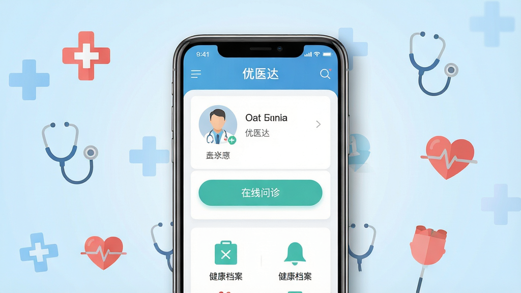 主体为一个简洁明亮的移动端医疗健康应用界面展示,画面中央放置一部智能手机,手机屏幕上显示“优医达”应用的主页界面,包含医生头像列表、在线问诊按钮和健康档案入口;布局采用居中对称构图,背景为柔和的浅蓝色渐变,周围点缀医疗十字、听诊器、爱心等扁平化图标;排版整洁有序,风格为现代扁平化UI设计;细节上手机边缘有轻微阴影,图标色彩鲜明,文字清晰;画质高清,干净,无多余元素