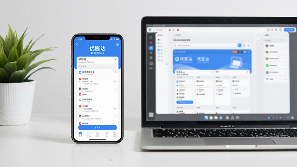 主体为一部智能手机与一台笔记本电脑并排摆放的桌面场景,手机屏幕显示“优医达”移动端问诊界面,电脑屏幕显示模拟器中的同一应用界面;布局采用左右对比构图;风格为简约产品展示图;细节上桌面整洁,有绿植点缀,设备屏幕清晰;画质高清,干净,无多余元素