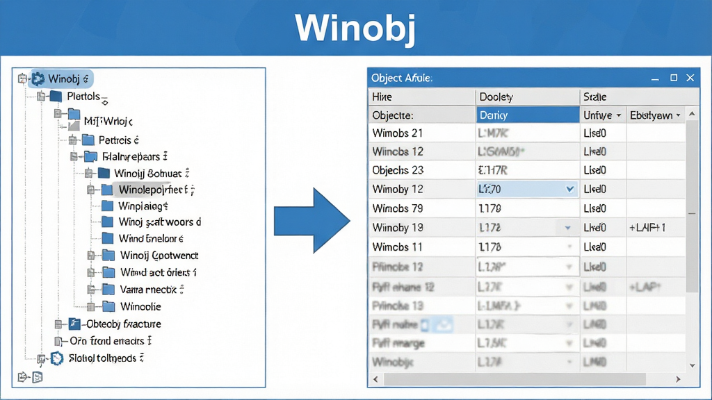 一张展示Winobj软件操作流程的示意图,画面分为左右两部分,左侧为树形导航结构,右侧为对象属性表格,中间用箭头连接表示操作步骤,整体采用扁平化设计风格,配色以蓝白灰为主,画面顶部有