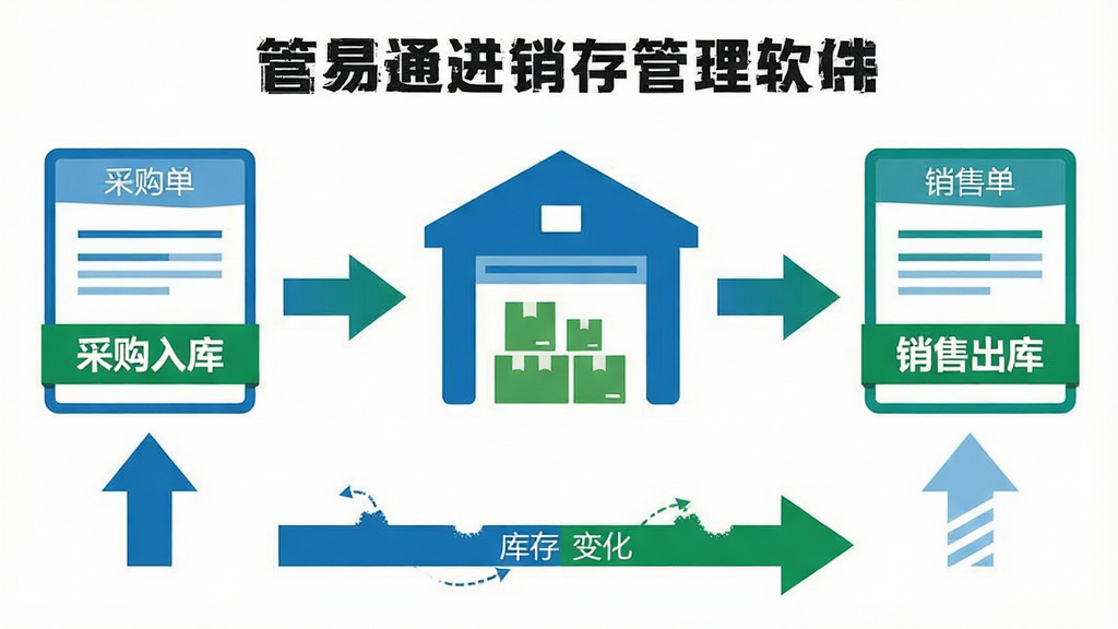 一张表现管易通进销存管理软件采购销售流程的横版示意图,画面从左侧采购单流入中间仓库图标再流向右侧销售单,单据上标注“采购入库”“销售出库”字样,底部显示库存数量变化箭头,风格简洁扁平化,蓝绿配色,画面中央标注“管易通进销存管理软件”,背景干净,画质清晰