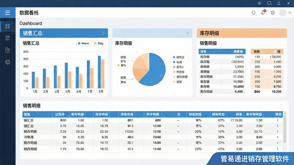 一张展示管易通进销存管理软件报表中心的横版图片,画面中为数据看板,包含柱状图、饼图与销售明细表格,图表标题写有“销售汇总”“库存明细”,配色为清爽的蓝白与浅橙,界面角落标注“管易通进销存管理软件”,整体布局整洁,画质清晰,无杂乱元素
