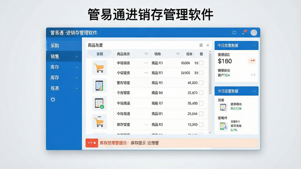一张展示管易通进销存管理软件主界面的横版图片,画面中央是软件操作窗口,左侧为采购、销售、库存、报表等功能菜单,右侧为商品列表与今日经营数据卡片,窗口下方有库存预警提示条,整体采用简洁商务风格,蓝白配色,界面文字清晰可见“管易通进销存管理软件”,背景为干净的浅灰渐变,画质清晰,无多余元素