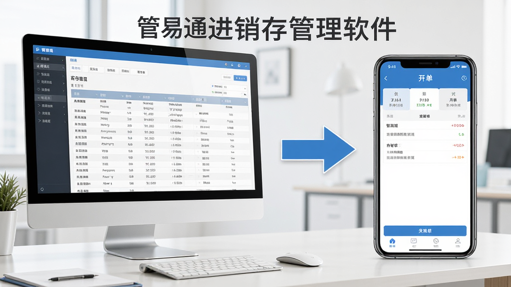 一张展示管易通进销存管理软件电脑端与移动端同步使用的横版图片,画面左侧为台式电脑显示库存报表,右侧为手机显示开单界面,中间用同步箭头连接,背景为简洁的办公桌面,风格清爽商务,画面中标注“管易通进销存管理软件”,画质清晰,无多余元素
