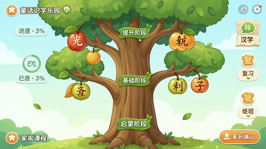 童话识字乐园的学习进度与分级课程界面,画面展示一个树形结构的课程地图,树干底部是启蒙阶段,中部是基础阶段,顶部是提升阶段,每个阶段挂着不同数量的汉字果实,布局为纵向树形,风格为清新自然的卡通风格,细节包括进度百分比、已学汉字数量、复习提醒图标、家长端入口按钮,画质高清、干净、无多余元素