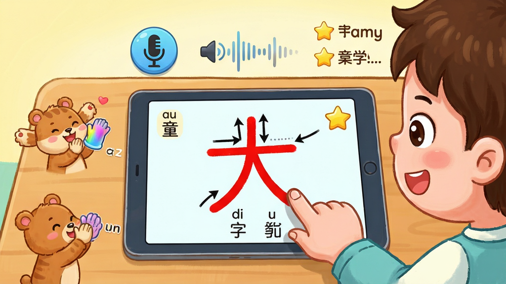 童话识字乐园的多感官互动学习界面,画面展示一个卡通儿童坐在书桌前,用手指在平板屏幕上描红“大”字,屏幕上方有麦克风图标和发音波形,旁边有评分星星和鼓励文字,布局为居中展示,风格为活泼可爱的卡通风格,细节包括笔画顺序箭头、拼音标注、小动物鼓掌动画,画质高清、干净、无多余元素