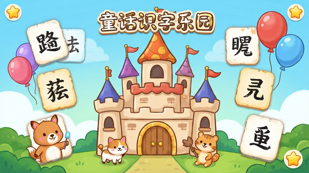 一款名为“童话识字乐园”的儿童教育软件界面全貌展示,画面中央是卡通城堡造型的主界面,周围环绕着汉字卡片、童话角色和彩色气球,布局清晰,排版采用圆润的儿童化设计,风格为清新可爱的卡通手绘风,细节包括汉字笔画动画、小动物伴读形象、星星奖励图标,画质高清、干净、无多余元素