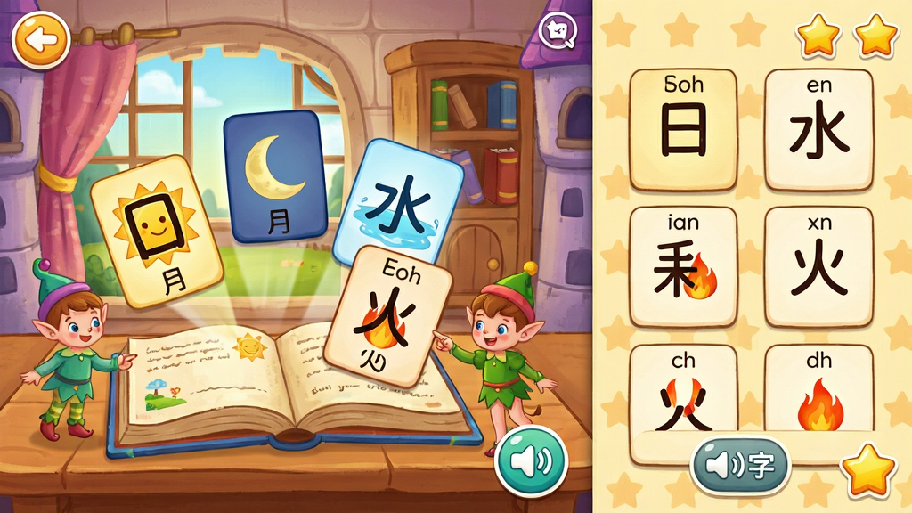 童话识字乐园软件内的童话场景识字界面,画面展示一个卡通城堡书房,书桌上放着一本打开的故事书,书中飘出“日”“月”“水”“火”等汉字卡片,每张卡片旁边有对应的图案和拼音,布局为左右分栏,左侧是故事动画窗口,右侧是汉字卡片区,风格为温暖明亮的卡通手绘风,细节包括小精灵角色指向汉字、语音播放按钮、星星奖励图标,画质高清、干净、无多余元素