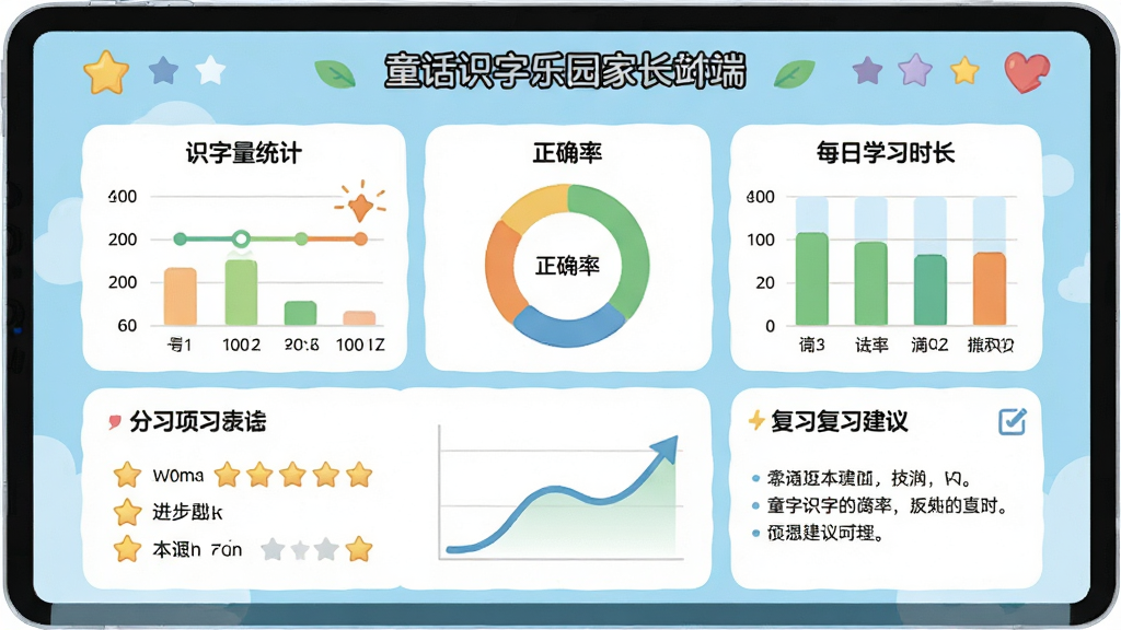 ͯ��ʶ����԰�ҳ���ѧϰ������棬����չʾһ����ͨ���ı�����壬����ʶ����ͳ��ͼ������ȷ�ʻ���ͼ��ÿ��ѧϰʱ����״ͼ������Ϊ���½ṹ���Ϸ����������ݣ��·��Ƿ������飬���Ϊ���¼�Լ�ı�ƽ����ƣ�ϸ�ڰ���С�������֡��������ߡ���ϰ�������֣����ʸ��塢�ɾ����޶���Ԫ��