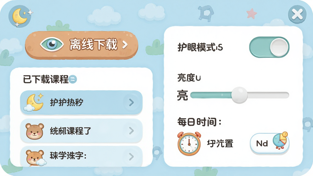 童话识字乐园的离线学习与护眼模式设置界面,画面展示一个卡通风格的设置面板,左侧是离线下载按钮和已下载课程列表,右侧是护眼模式开关、亮度调节滑块和每日时长设置选项,布局为左右分栏,风格为柔和清新的扁平化设计,细节包括小月亮图标、眼睛保护图标、时钟提醒图标,画质高清、干净、无多余元素