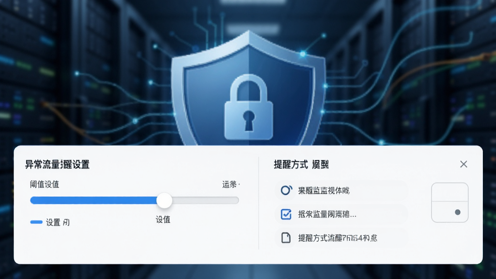 网络流量监视专家异常流量提醒设置界面,画面展示阈值设置滑块和提醒方式选项,背景有盾牌图标象征安全防护,界面风格简洁,画质清晰,无多余元素