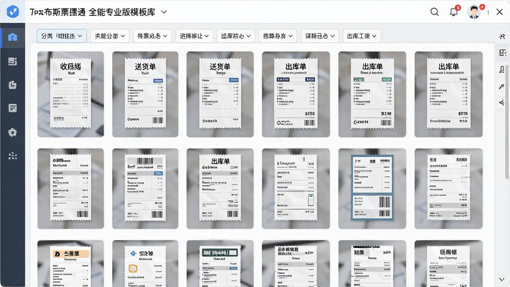一张展示图布斯票据通 全能专业版模板库的界面截图风格图片,主体为屏幕中排列整齐的多种票据模板缩略图,布局为网格状陈列,排版上方有分类筛选标签,风格为简洁明亮的软件界面,细节包含收据、送货单、出库单等不同样式的小图预览,画质清晰干净无多余元素