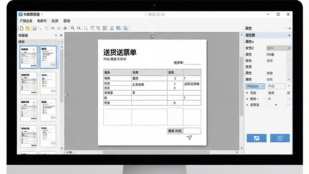 一张展示图布斯票据通 全能专业版软件界面的宽幅图片,主体为电脑屏幕中打开的票据设计窗口,布局中央显示送货单模板与打印预览区域,排版左侧为模板列表右侧为属性面板,风格为现代商务办公软件截图风格,细节包含表格线、文字框、打印按钮与工具栏图标,画质清晰干净无多余元素