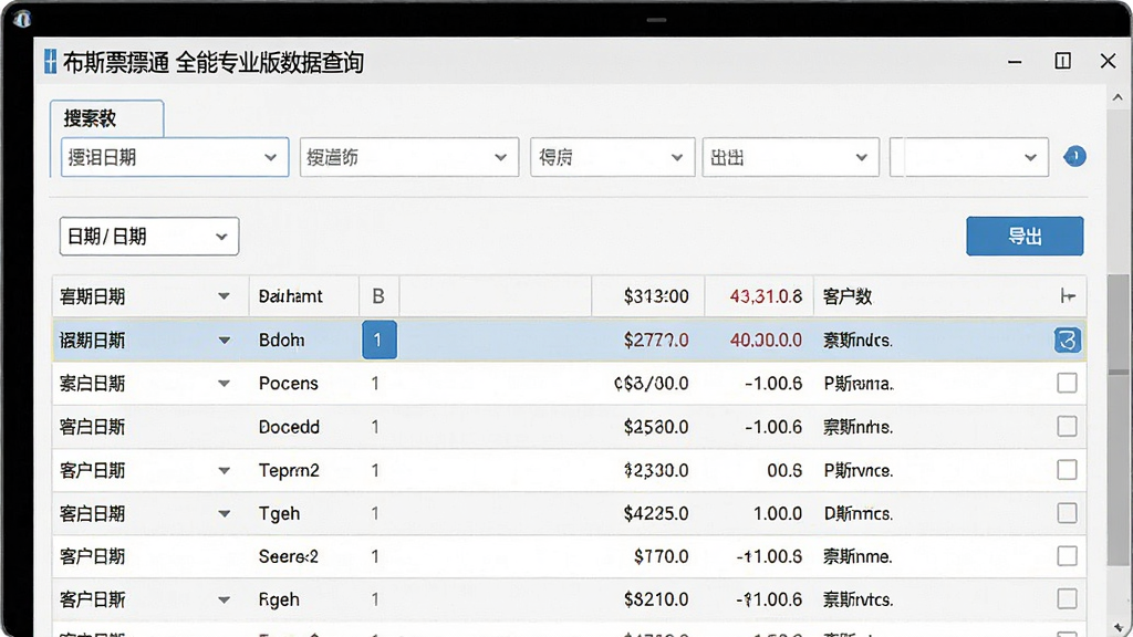 一张展示图布斯票据通 全能专业版数据查询界面的图片,主体为屏幕中的票据记录列表,布局上方为多条件搜索栏下方为数据表格,排版左侧为日期筛选右侧为导出按钮,风格为数据库管理软件风格,细节包含高亮选中的行、金额统计数字与客户名称字段,画质清晰干净无多余元素