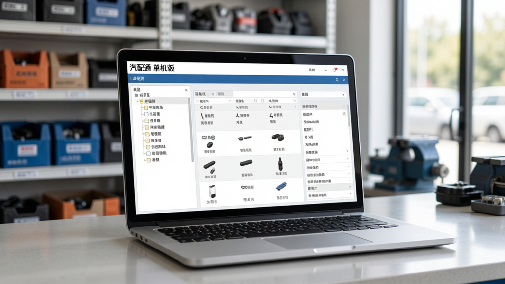软件主界面全貌,一台银色笔记本电脑放置在整洁的汽配门店柜台上,屏幕显示“汽配通 单机版”的配件查询界面,左侧为车型分类树,右侧为配件列表与详情,界面风格简洁专业,背景有模糊的货架与配件盒,自然光线,高清画质,干净无多余元素