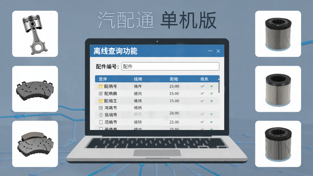 一张展示“汽配通 单机版”离线查询功能的示意图,画面中央是一台打开的笔记本电脑,屏幕显示配件编号输入框与匹配结果列表,周围环绕着发动机活塞、刹车片、滤清器等实物小图,布局清晰,扁平化科技风格,蓝灰配色,画质干净