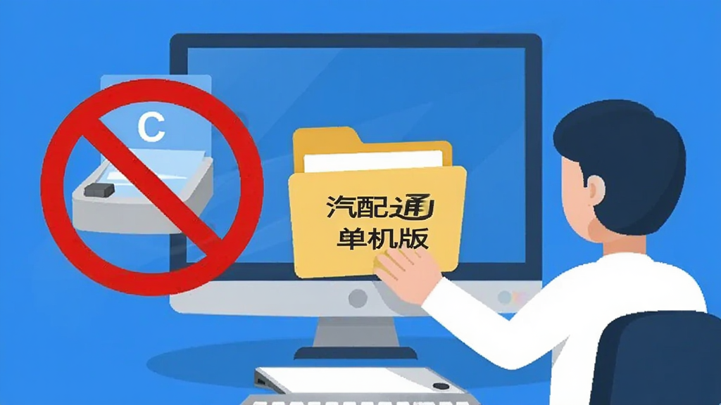 电脑桌面操作示意图,用户正在将“汽配通 单机版”文件夹拖拽到D盘,旁边有红色禁止符号指向C盘,画面简洁明了,扁平化图标风格,蓝白配色,高清画质,无多余装饰