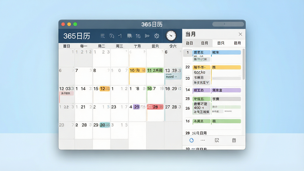 一张展示365日历软件主界面的全景图。画面中央是软件窗口,左侧显示月历视图,右侧展示当日日程列表,窗口内清晰可见“365日历”文字标识。布局采用居中构图,背景为干净的浅蓝色渐变桌面。风格为现代简约科技风,细节包括日历网格、彩色事件标签、时钟图标。画质为4K超清,画面干净整洁,无多余元素。