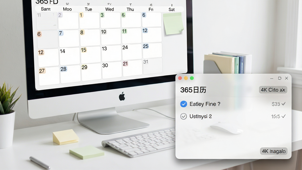 一张展示365日历桌面便签与快速添加功能的场景图。画面主体为电脑桌面,右下角悬浮着一个半透明的便签窗口,窗口标题为“365日历”,内部列出三条待办事项。布局为桌面全景,便签位于视觉焦点。风格为轻量办公风,细节包括便签阴影、打勾图标、快捷键提示。画质为4K超清,画面干净,无多余元素。