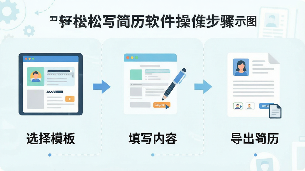 轻轻松松写简历软件操作步骤示意图,画面分为三个步骤展示,第一步选择模板,第二步填写内容,第三步导出简历,每个步骤配有简洁的图标和文字说明,整体风格为扁平化信息图,配色清新,布局清晰,画质干净,无多余元素