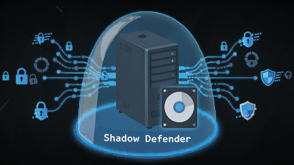 Shadow Defender 影子模式防护概念图,主体为透明防护罩包裹电脑主机与磁盘图标,布局采用中心对称式构图,排版以防护罩为核心向外辐射数据流线条,风格为简约扁平化插画,细节包含锁形图标、盾牌标志、蓝色光晕效果、