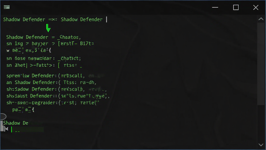 Shadow Defender 命令行操作示意图,主体为黑色终端窗口显示 Shadow Defender 命令行参数,布局采用单一窗口居中展示,排版以代码行为主配合光标闪烁效果,风格为极简黑客终端风格,细节包含命令提示符、参数列表、
