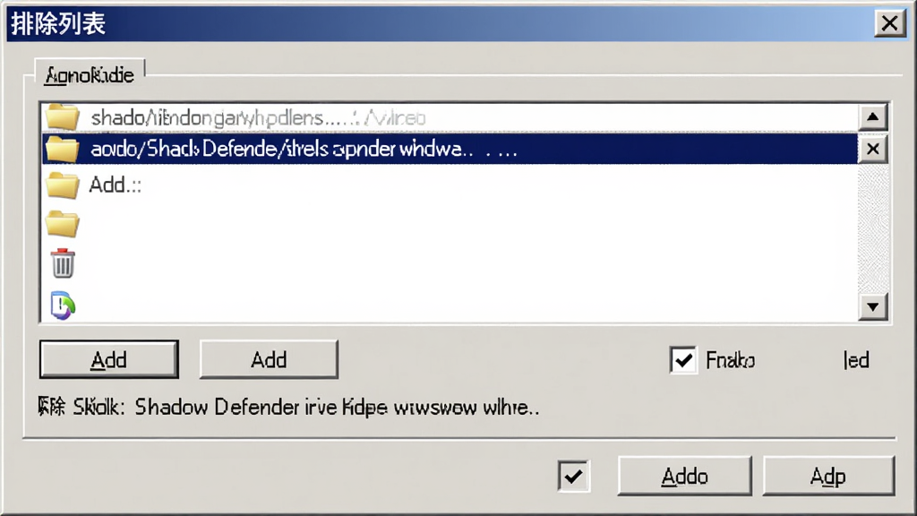 Shadow Defender 排除列表设置界面,主体为软件窗口中的文件路径配置面板,布局采用上下分栏结构上方为已添加路径列表下方为添加按钮与说明文字,排版整齐清晰,风格为经典 Windows 对话框样式,细节包含文件夹图标、添加删除按钮、复选框控件、