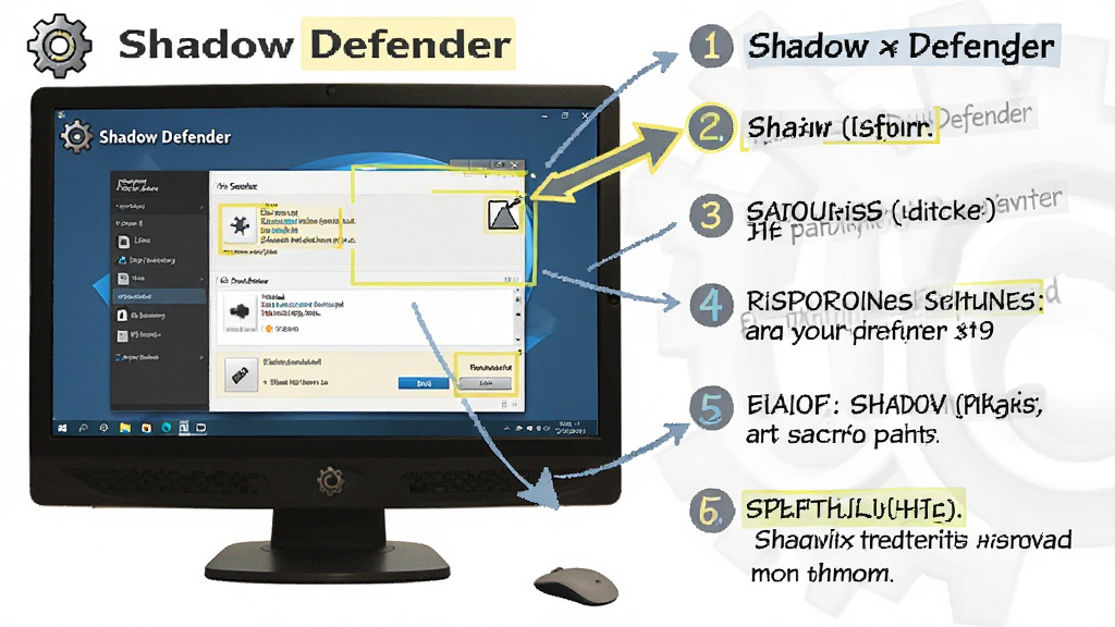Shadow Defender 使用技巧示意图,主体为电脑屏幕显示软件设置界面与操作步骤标注,布局采用左右分栏左侧为界面截图右侧为文字说明,排版以步骤序号引导阅读,风格为教程图文风格,细节包含箭头指示、高亮标注框、