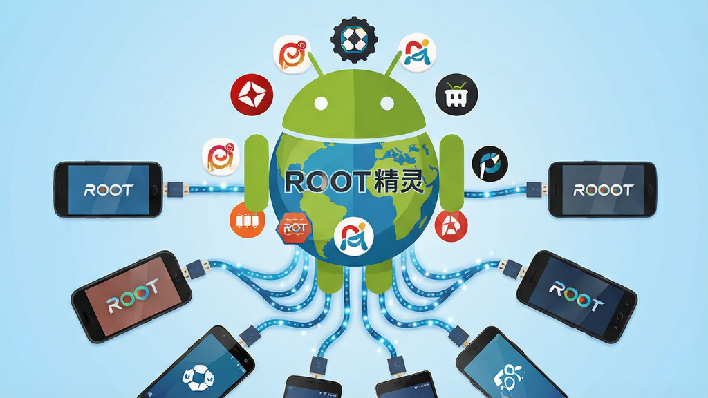 一幅展示ROOT精灵全机型广泛适配的AI生图,画面中央是一个地球形状的安卓机器人,地球表面环绕着各大手机品牌的Logo图标,地球下方连接着多条数据线通向不同型号的安卓手机,背景为浅蓝色渐变,布局采用环绕式构图,风格为扁平化信息图,细节包括手机屏幕上的品牌标识和数据线上的光点流动,画质清晰明亮,画面中文字为“ROOT精灵”和“全机型适配”,干净无多余元素