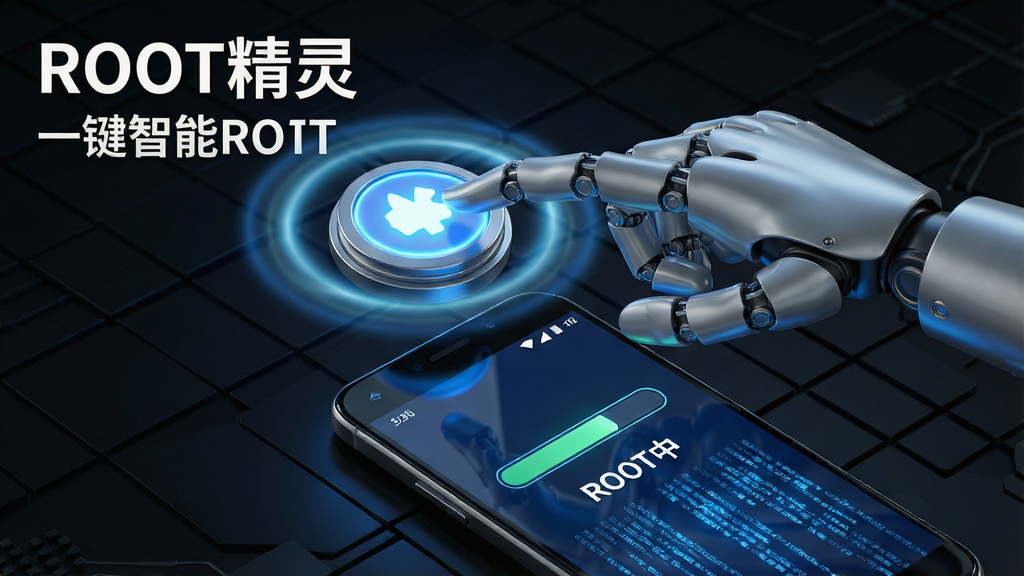 一幅展示ROOT精灵一键智能ROOT功能的AI生图,画面主体为一只机械手正在点击悬浮在空中的发光按钮,按钮下方连接着一部安卓手机,手机屏幕显示进度条和“ROOT中”字样,背景为深色科技网格纹理,布局采用对角线构图,风格为未来科技感3D渲染,细节包括按钮周围的光晕扩散效果和手机屏幕的蓝色数据流,画质高清锐利,画面中文字为“ROOT精灵”和“一键智能ROOT”,干净无多余元素