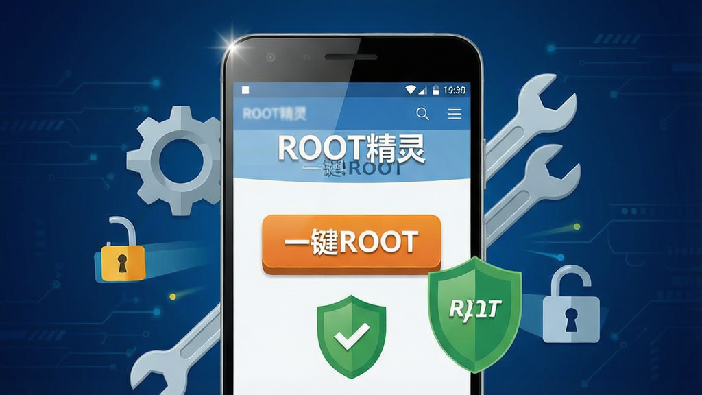 一张展示ROOT精灵软件核心功能的宣传图,画面中央是一部安卓手机,手机屏幕上显示ROOT精灵软件主界面,界面中有醒目的“一键ROOT”按钮和绿色盾牌安全图标,手机周围环绕着齿轮、扳手、解锁锁头等象征系统权限管理的元素,背景为深蓝色科技感渐变,布局采用居中构图,风格为扁平化科技插画,细节包括手机边框的高光反射和按钮的立体质感,画质清晰干净,画面中文字为“ROOT精灵”和“一键ROOT”,无多余元素