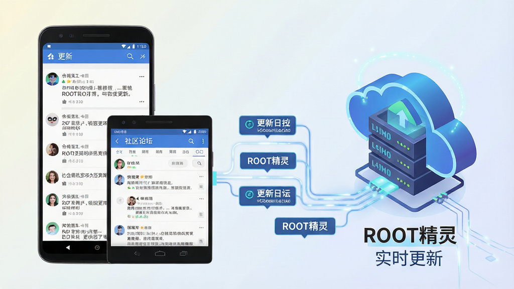 一幅展示ROOT精灵实时更新与社区支持功能的AI生图,画面左侧是一部安卓手机显示软件更新界面和社区论坛页面,右侧是一个云端服务器图标延伸出多条数据线连接手机,数据线上有版本号和更新日志标签,背景为浅色渐变,布局采用左右分栏构图,风格为现代科技插画,细节包括手机屏幕上的社区帖子列表和云端服务器的发光效果,画质清晰干净,画面中文字为“ROOT精灵”和“实时更新”,无多余元素