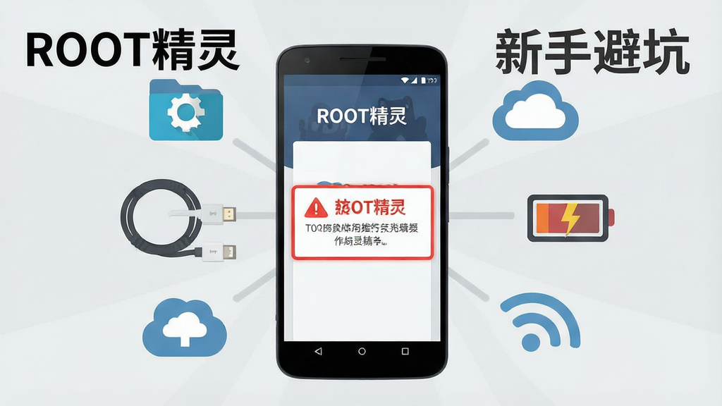 一幅展示ROOT精灵新手避坑指南的AI生图,画面主体是一部安卓手机屏幕显示ROOT精灵操作界面和警告提示框,手机周围环绕着备份图标、数据线、电池图标、WiFi信号等元素,背景为浅灰色,布局采用中心发散构图,风格为扁平化信息图,细节包括警告框的红色边框和备份图标的云朵形状,画质清晰干净,画面中文字为“ROOT精灵”和“新手避坑”,无多余元素