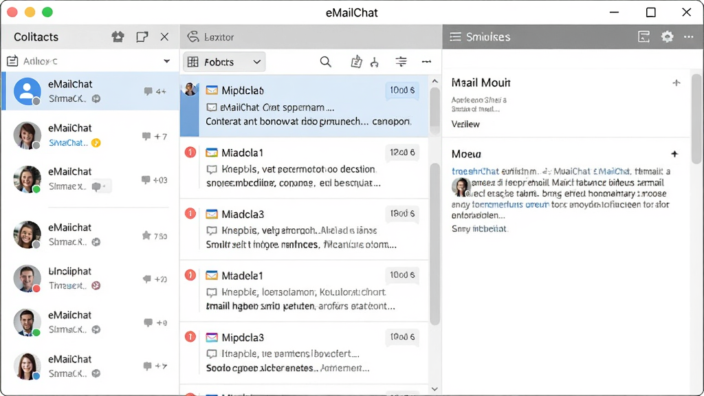 主体是eMailChat软件主界面窗口,布局为左侧联系人列表、中间邮件列表、右侧邮件内容预览,排版整齐清晰,风格为现代简约商务风,细节包含邮件图标、聊天气泡、未读标记,画质高清,干净,无多余元素