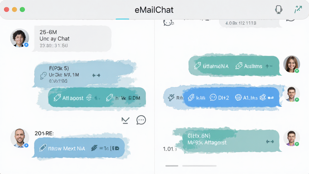 主体是eMailChat聊天式邮件界面,布局为纵向对话气泡排列,排版左右分栏显示收发双方,风格为清新扁平化设计,细节包含头像、时间戳、附件图标,画质高清,干净,无多余元素